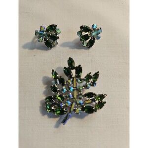 Vintage Green & AB Rhinestone Brooch/Pin clip on Earrings signed B David